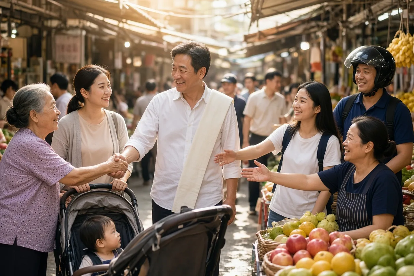 候選人在市場被不同族群的居民圍著握手